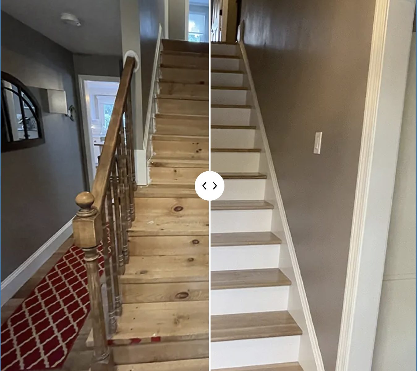 Is a side by side image comparison between original stairs and retreaded stairs