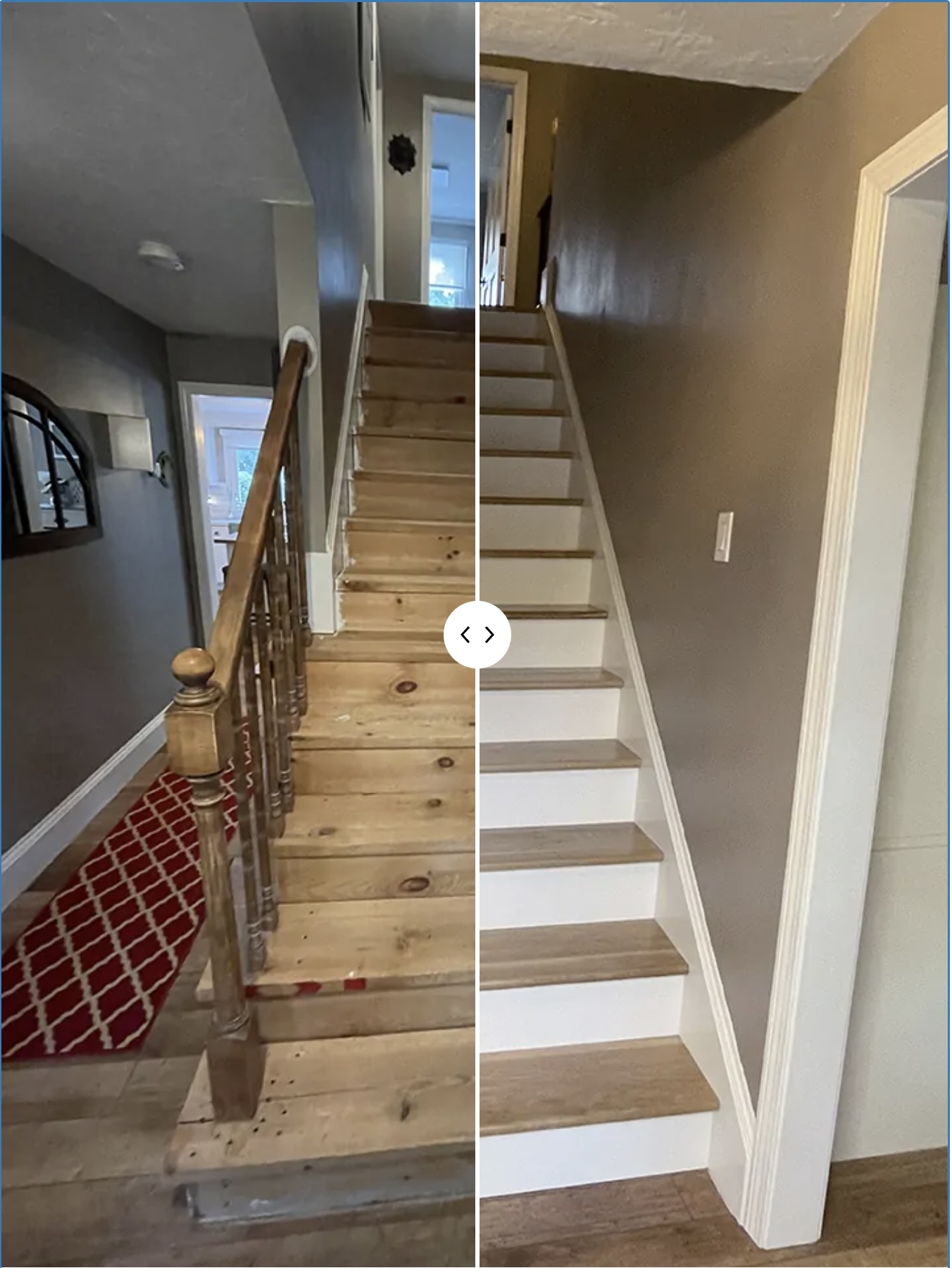 Is a side by side image comparison between original stairs and retreaded stairs