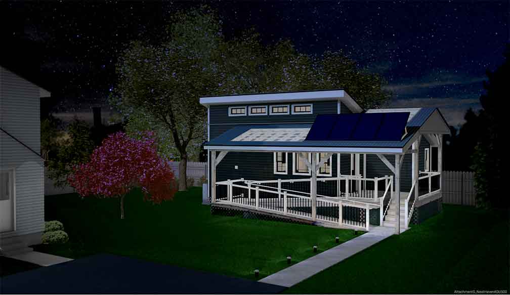 NestHave 500 sq ft ADU Outside Front View at Night
